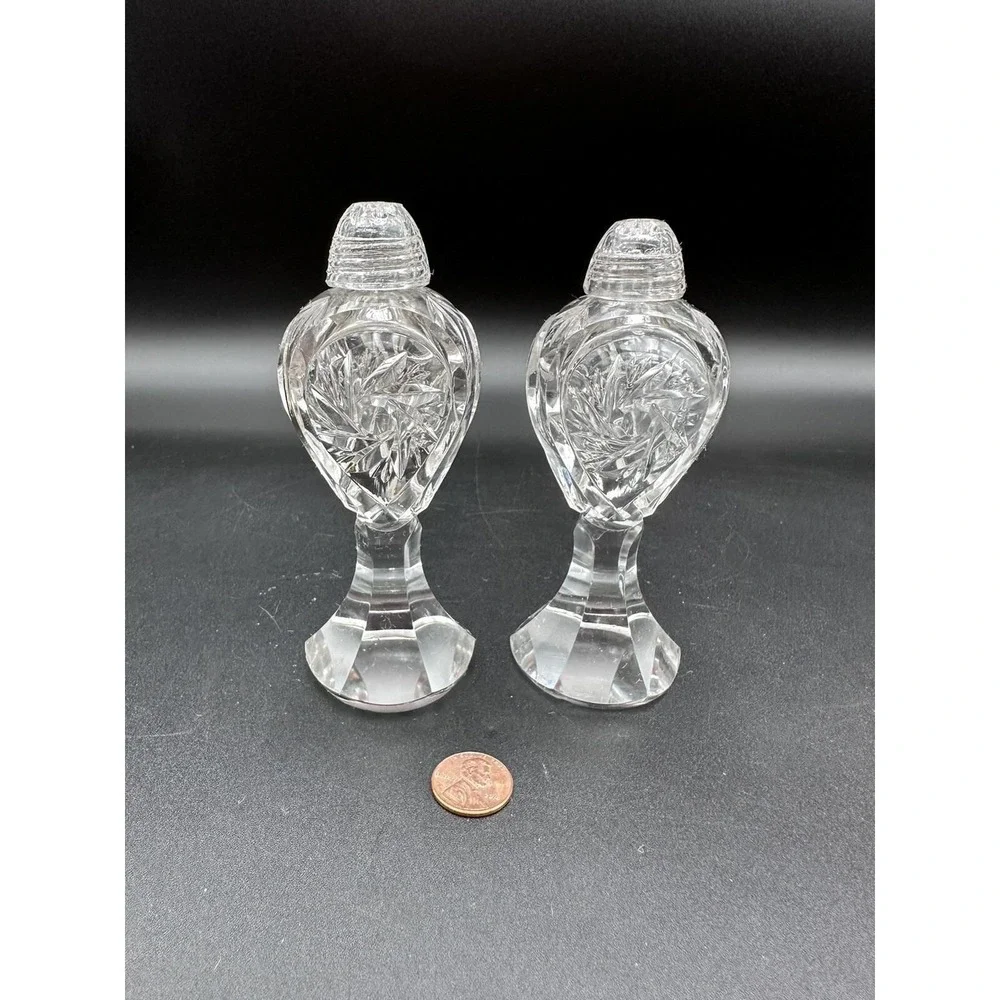 Vintage Cut Clear Crystal‎ Bohemian Glass Pedestal Salt & Pepper Shaker Set